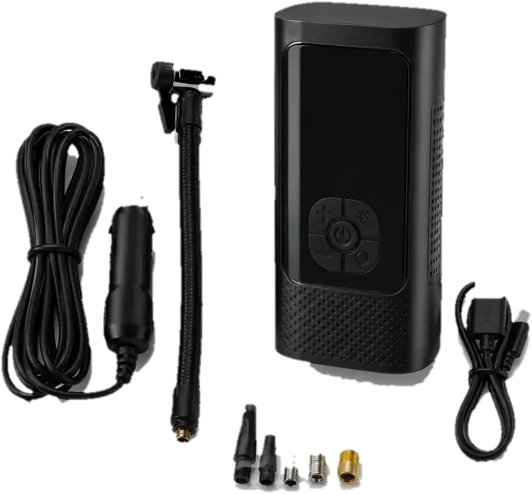 Compresor con manguera, cables y boquillas