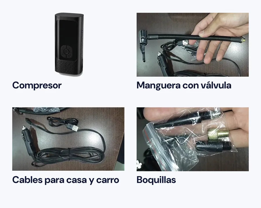 Compresor, manguera con válvula, cables para casa y carro, y boquillas